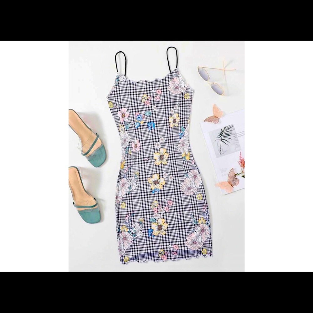 NEW Plaid Floral Lettuce Trim Bodycon Dress.